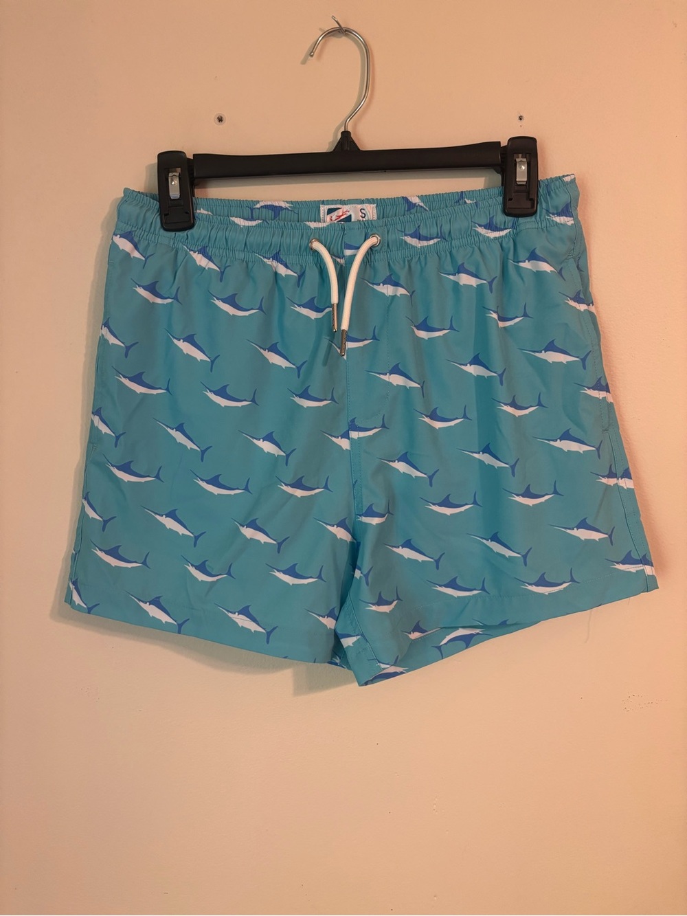 Bermies Small Swim Trunks Blue Marlin Fish Print Board Shorts 3.5"